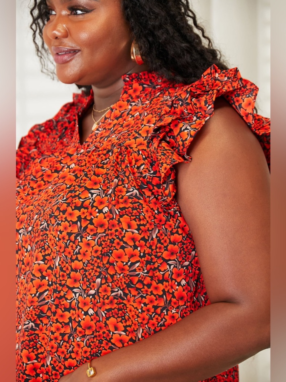 Double Take Floral Flutter Sleeve Notched Neck Blouse - Picture 5 of 12